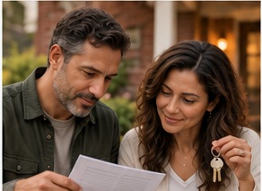 Adult siblings reviewing inherited home paperwork and house keys